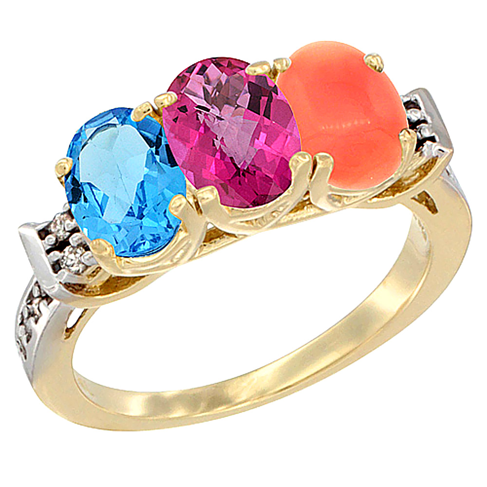 10K Yellow Gold Natural Swiss Blue Topaz, Pink Topaz &amp; Coral Ring 3-Stone Oval 7x5 mm Diamond Accent, sizes 5 - 10