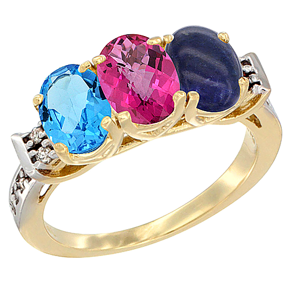 10K Yellow Gold Natural Swiss Blue Topaz, Pink Topaz & Lapis Ring 3-Stone Oval 7x5 mm Diamond Accent, sizes 5 - 10