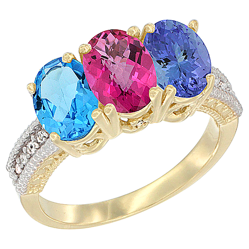 14K Yellow Gold Natural Swiss Blue Topaz, Pink Topaz &amp; Tanzanite Ring 3-Stone 7x5 mm Oval Diamond Accent, sizes 5 - 10