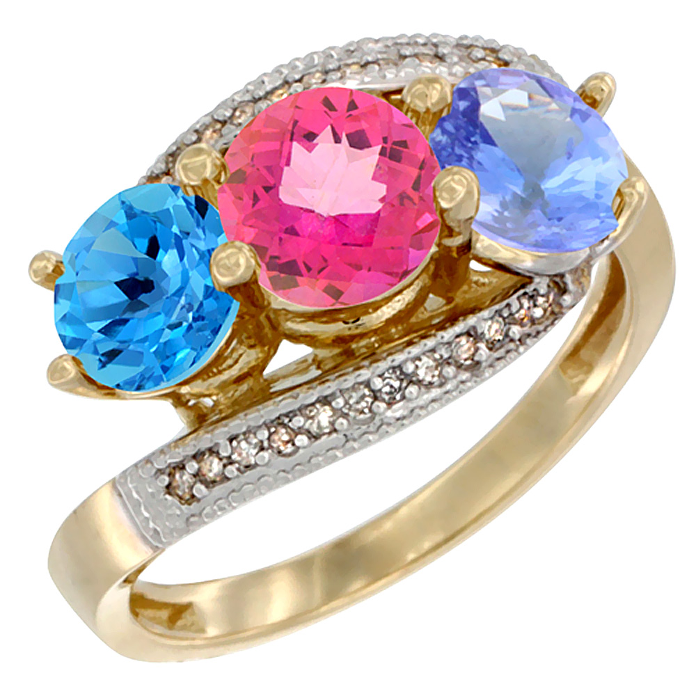 14K Yellow Gold Natural Swiss Blue Topaz, Pink Topaz & Tanzanite 3 stone Ring Round 6mm Diamond Accent, sizes 5 - 10