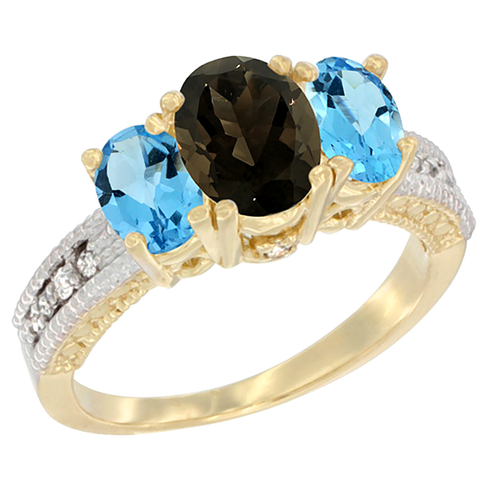 10K Yellow Gold Diamond Natural Smoky Topaz Ring Oval 3-stone with Swiss Blue Topaz, sizes 5 - 10