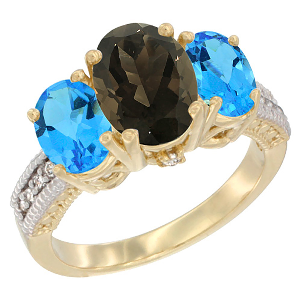 14K Yellow Gold Diamond Natural Smoky Topaz Ring 3-Stone Oval 8x6mm with Swiss Blue Topaz, sizes5-10