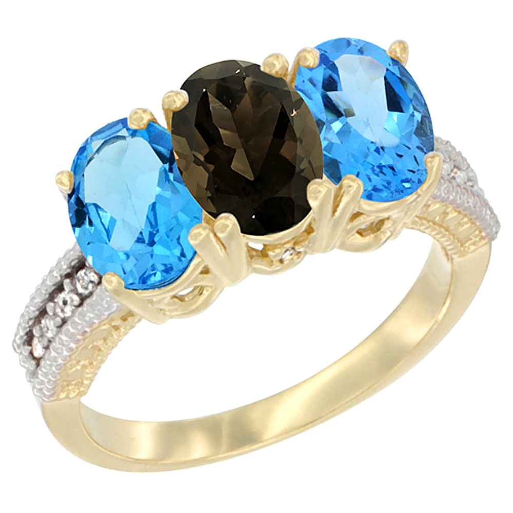 10K Yellow Gold Diamond Natural Smoky Topaz & Swiss Blue Topaz Sides Ring 3-Stone Oval 7x5 mm, sizes 5 - 10