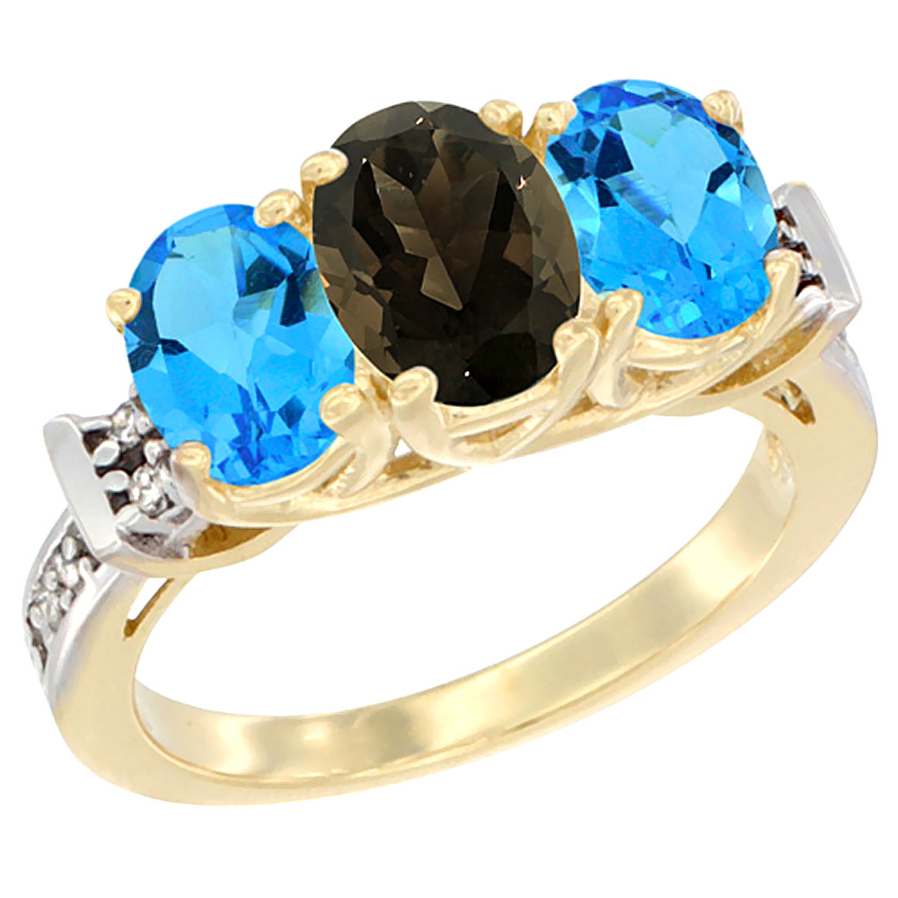 10K Yellow Gold Natural Smoky Topaz &amp; Swiss Blue Topaz Sides Ring 3-Stone Oval Diamond Accent, sizes 5 - 10