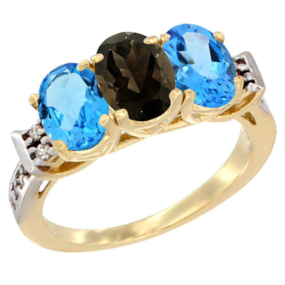10K Yellow Gold Natural Smoky Topaz &amp; Swiss Blue Topaz Sides Ring 3-Stone Oval 7x5 mm Diamond Accent, sizes 5 - 10