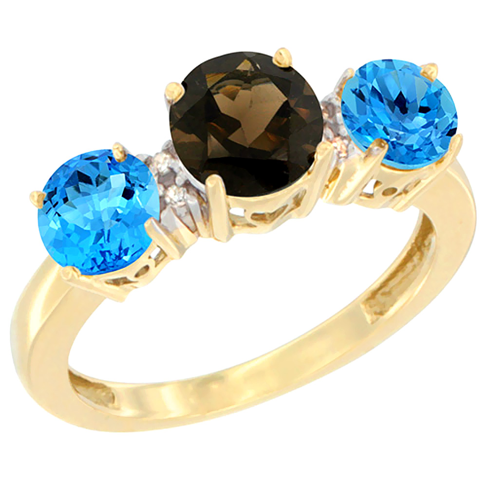 14K Yellow Gold Round 3-Stone Natural Smoky Topaz Ring &amp; Swiss Blue Topaz Sides Diamond Accent, sizes 5 - 10