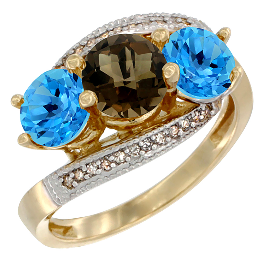 14K Yellow Gold Natural Smoky Topaz &amp; Swiss Blue Topaz Sides 3 stone Ring Round 6mm Diamond Accent, sizes 5 - 10