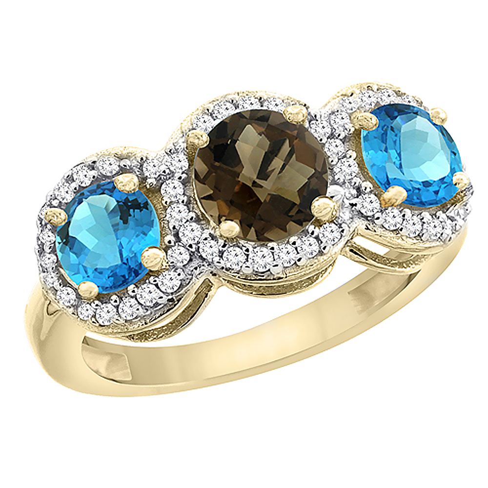 14K Yellow Gold Natural Smoky Topaz &amp; Swiss Blue Topaz Sides Round 3-stone Ring Diamond Accents, sizes 5 - 10