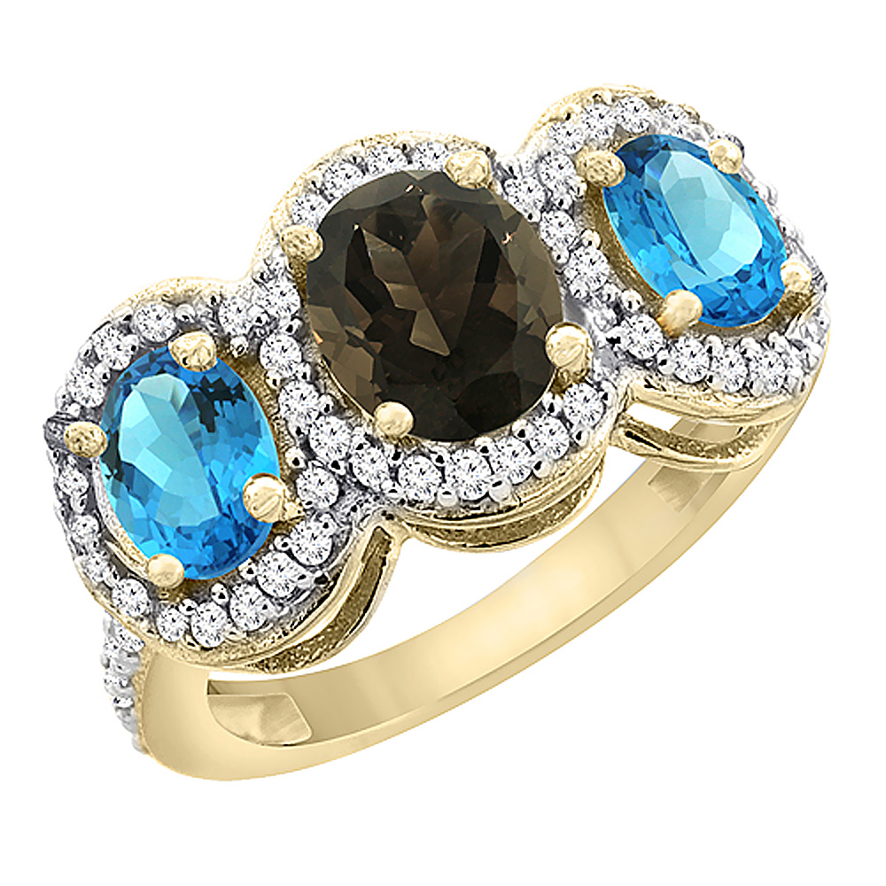 14K Yellow Gold Natural Smoky Topaz &amp; Swiss Blue Topaz 3-Stone Ring Oval Diamond Accent, sizes 5 - 10