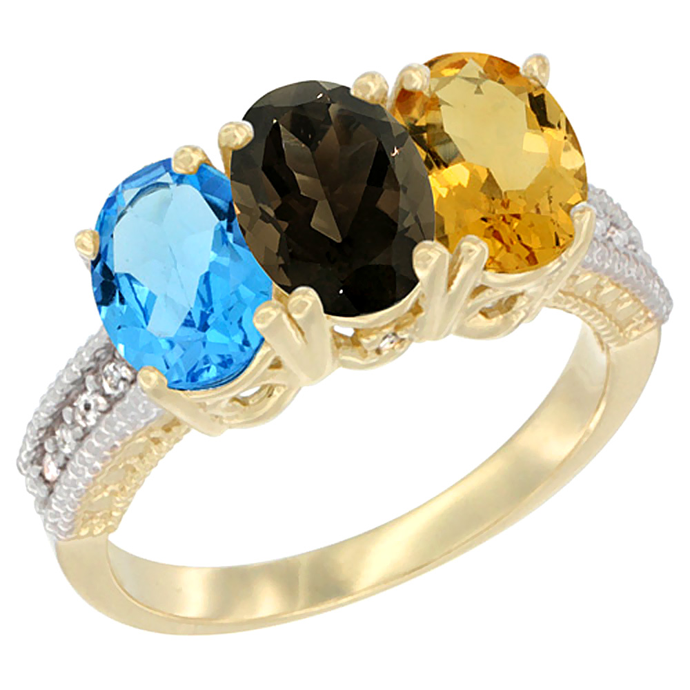 14K Yellow Gold Natural Swiss Blue Topaz, Smoky Topaz &amp; Citrine Ring 3-Stone 7x5 mm Oval Diamond Accent, sizes 5 - 10