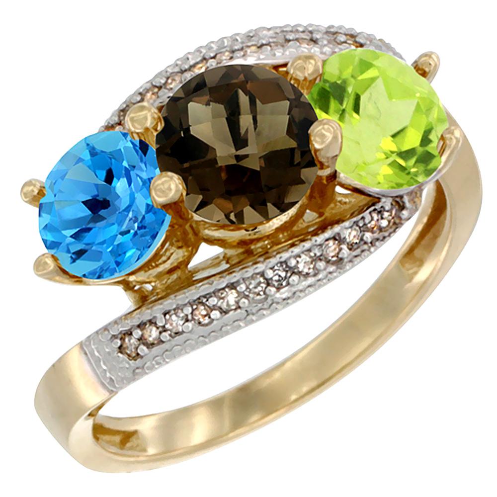 10K Yellow Gold Natural Swiss Blue Topaz, Smoky Topaz & Peridot 3 stone Ring Round 6mm Diamond Accent, sizes 5 - 10