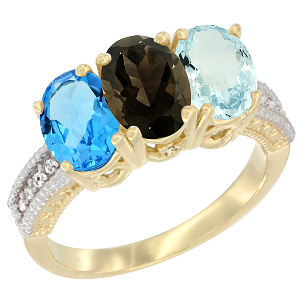 14K Yellow Gold Natural Swiss Blue Topaz, Smoky Topaz &amp; Aquamarine Ring 3-Stone 7x5 mm Oval Diamond Accent, sizes 5 - 10