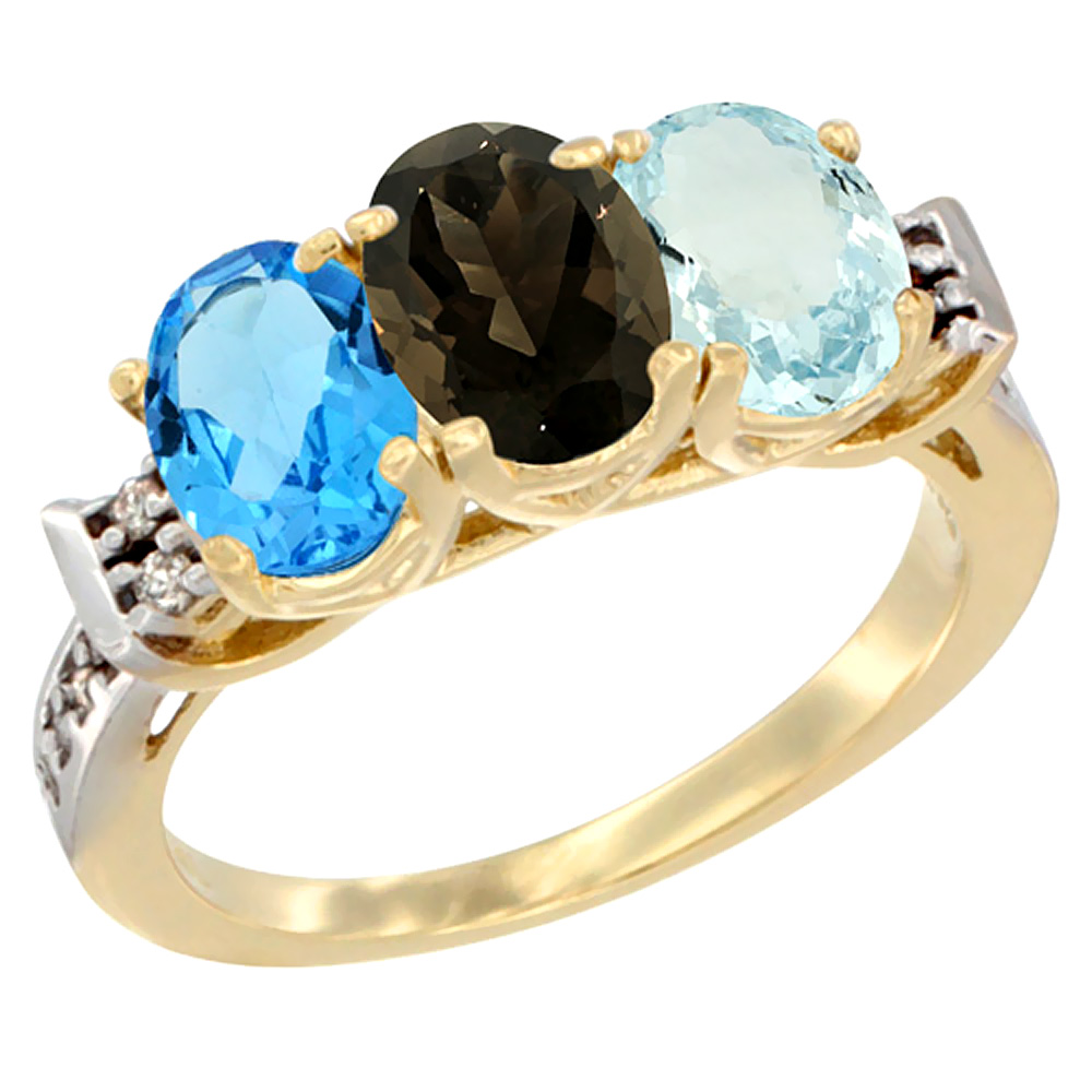 10K Yellow Gold Natural Swiss Blue Topaz, Smoky Topaz & Aquamarine Ring 3-Stone Oval 7x5 mm Diamond Accent, sizes 5 - 10