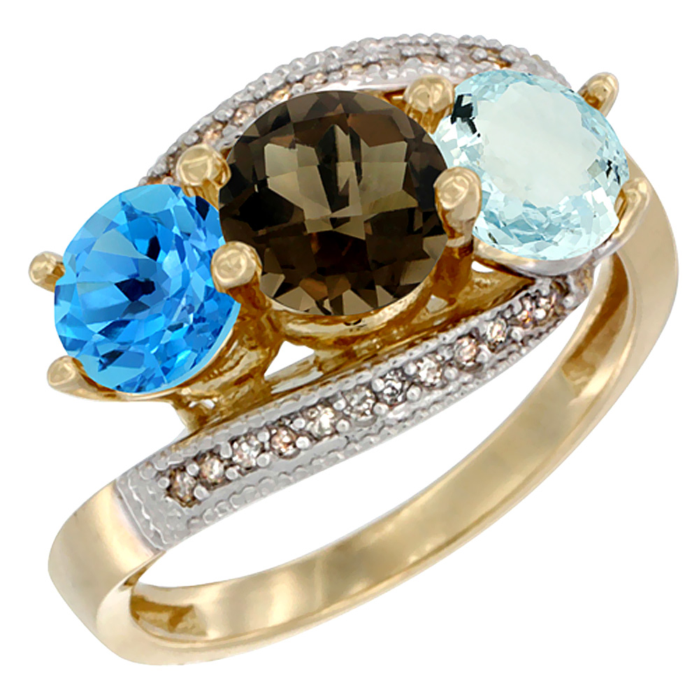 10K Yellow Gold Natural Swiss Blue Topaz, Smoky Topaz &amp; Aquamarine 3 stone Ring Round 6mm Diamond Accent, sizes 5 - 10