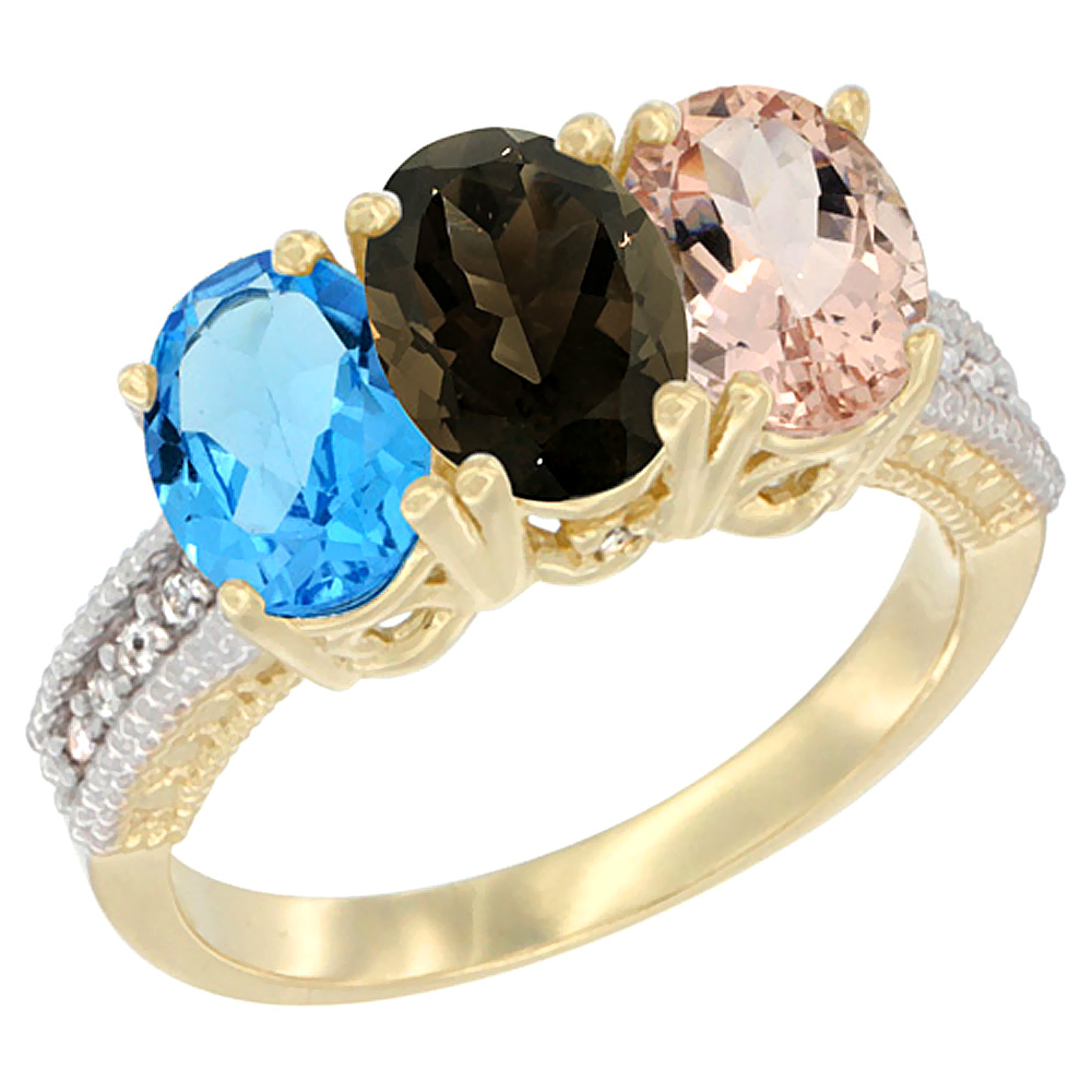 10K Yellow Gold Diamond Natural Swiss Blue Topaz, Smoky Topaz & Morganite Ring 3-Stone Oval 7x5 mm, sizes 5 - 10
