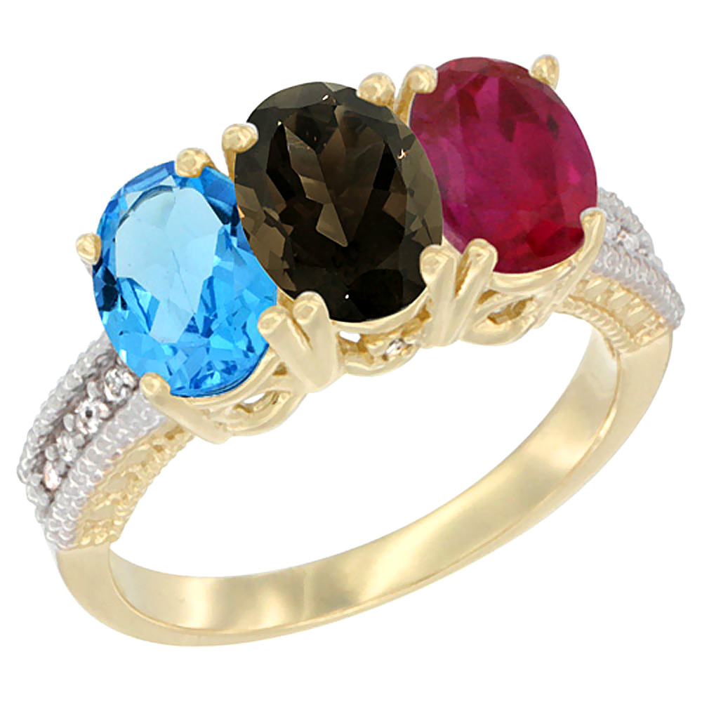 10K Yellow Gold Diamond Natural Swiss Blue Topaz, Smoky Topaz & Enhanced Ruby Ring 3-Stone Oval 7x5 mm, sizes 5 - 10