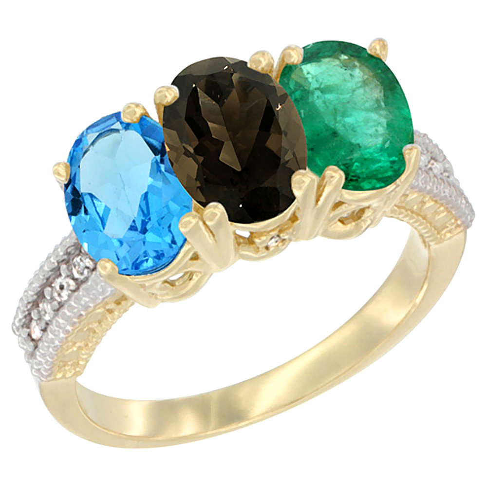 14K Yellow Gold Natural Swiss Blue Topaz, Smoky Topaz &amp; Emerald Ring 3-Stone 7x5 mm Oval Diamond Accent, sizes 5 - 10
