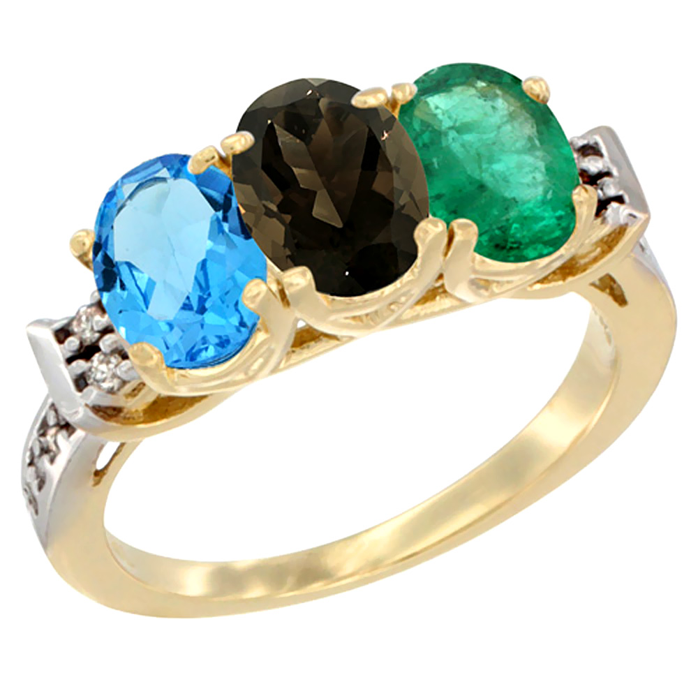 10K Yellow Gold Natural Swiss Blue Topaz, Smoky Topaz &amp; Emerald Ring 3-Stone Oval 7x5 mm Diamond Accent, sizes 5 - 10