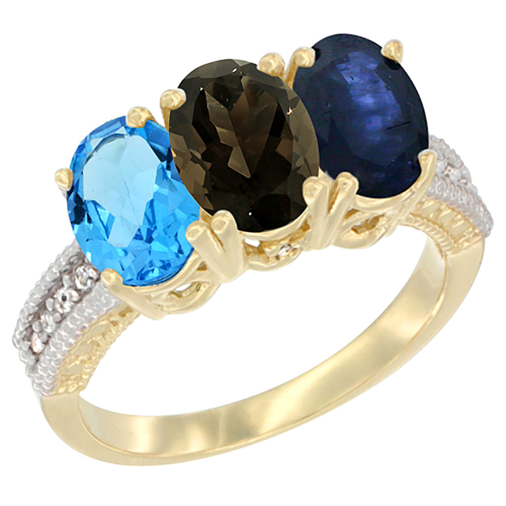 14K Yellow Gold Natural Swiss Blue Topaz, Smoky Topaz &amp; Blue Sapphire Ring 3-Stone 7x5 mm Oval Diamond Accent, sizes 5 - 10