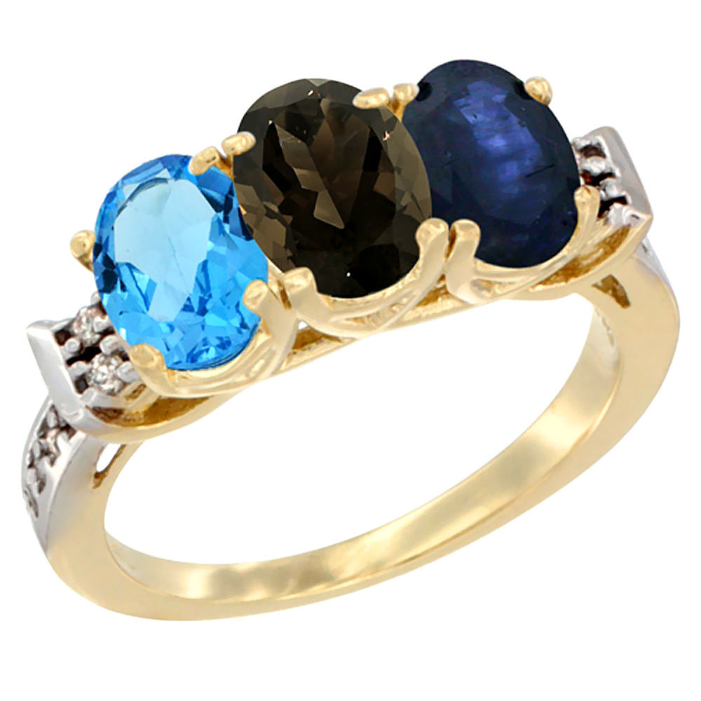 14K Yellow Gold Natural Swiss Blue Topaz, Smoky Topaz &amp; Blue Sapphire Ring 3-Stone 7x5 mm Oval Diamond Accent, sizes 5 - 10