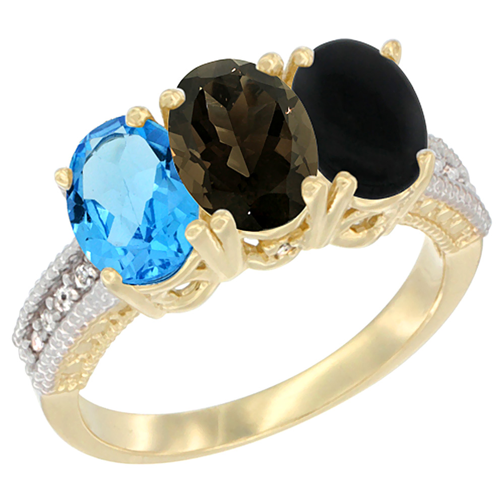 14K Yellow Gold Natural Swiss Blue Topaz, Smoky Topaz &amp; Black Onyx Ring 3-Stone 7x5 mm Oval Diamond Accent, sizes 5 - 10