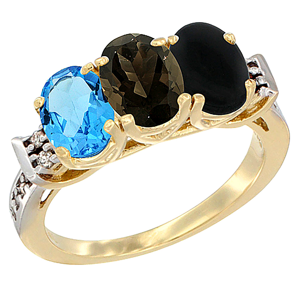 14K Yellow Gold Natural Swiss Blue Topaz, Smoky Topaz &amp; Black Onyx Ring 3-Stone 7x5 mm Oval Diamond Accent, sizes 5 - 10