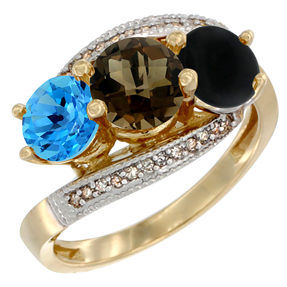 10K Yellow Gold Natural Swiss Blue Topaz, Smoky Topaz &amp; Black Onyx 3 stone Ring Round 6mm Diamond Accent, sizes 5 - 10