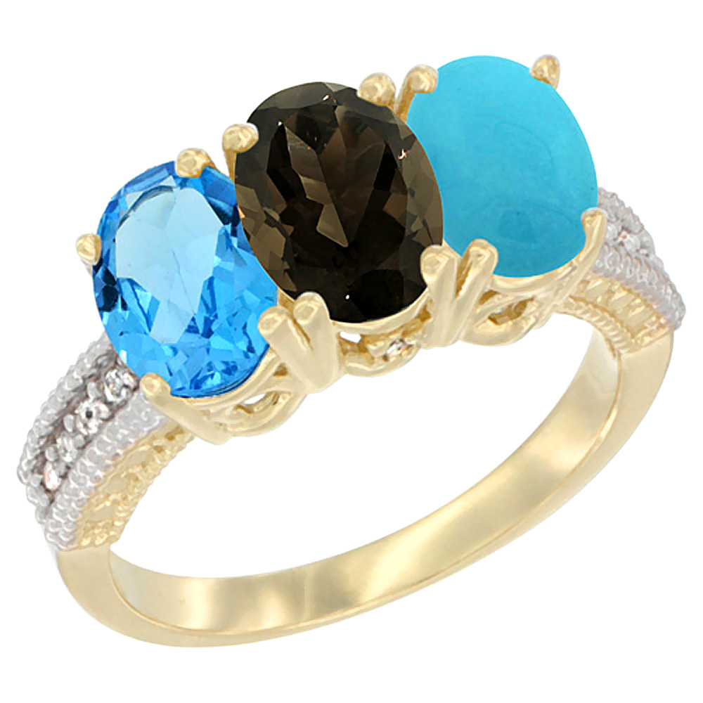 14K Yellow Gold Natural Swiss Blue Topaz, Smoky Topaz & Turquoise Ring 3-Stone 7x5 mm Oval Diamond Accent, sizes 5 - 10
