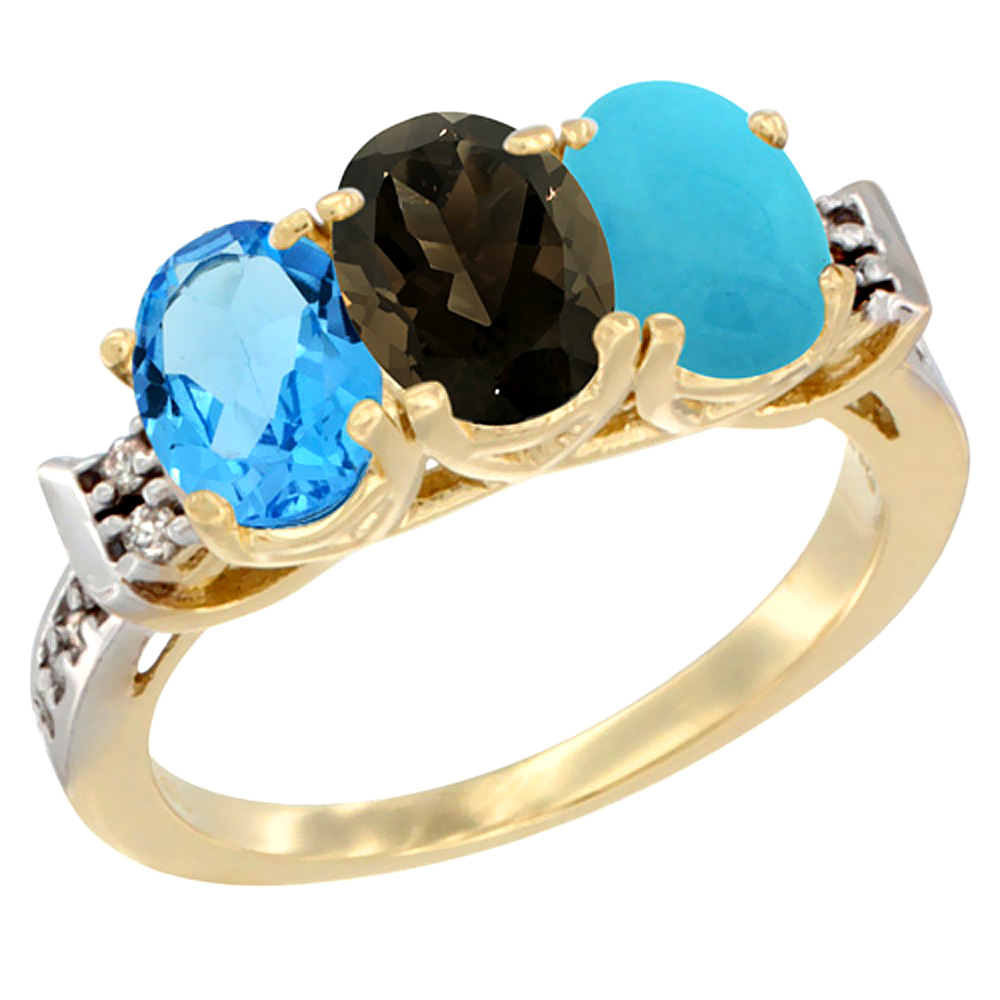 14K Yellow Gold Natural Swiss Blue Topaz, Smoky Topaz &amp; Turquoise Ring 3-Stone 7x5 mm Oval Diamond Accent, sizes 5 - 10