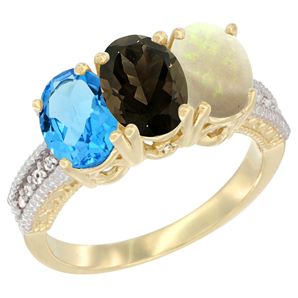 14K Yellow Gold Natural Swiss Blue Topaz, Smoky Topaz &amp; Opal Ring 3-Stone 7x5 mm Oval Diamond Accent, sizes 5 - 10