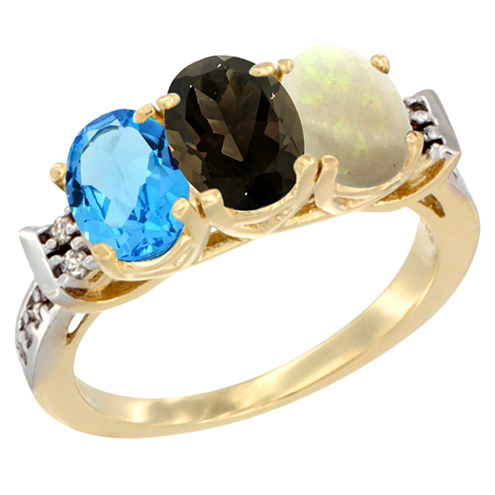 10K Yellow Gold Natural Swiss Blue Topaz, Smoky Topaz & Opal Ring 3-Stone Oval 7x5 mm Diamond Accent, sizes 5 - 10