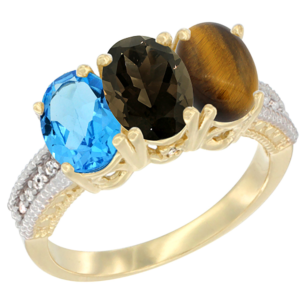 14K Yellow Gold Natural Swiss Blue Topaz, Smoky Topaz &amp; Tiger Eye Ring 3-Stone 7x5 mm Oval Diamond Accent, sizes 5 - 10