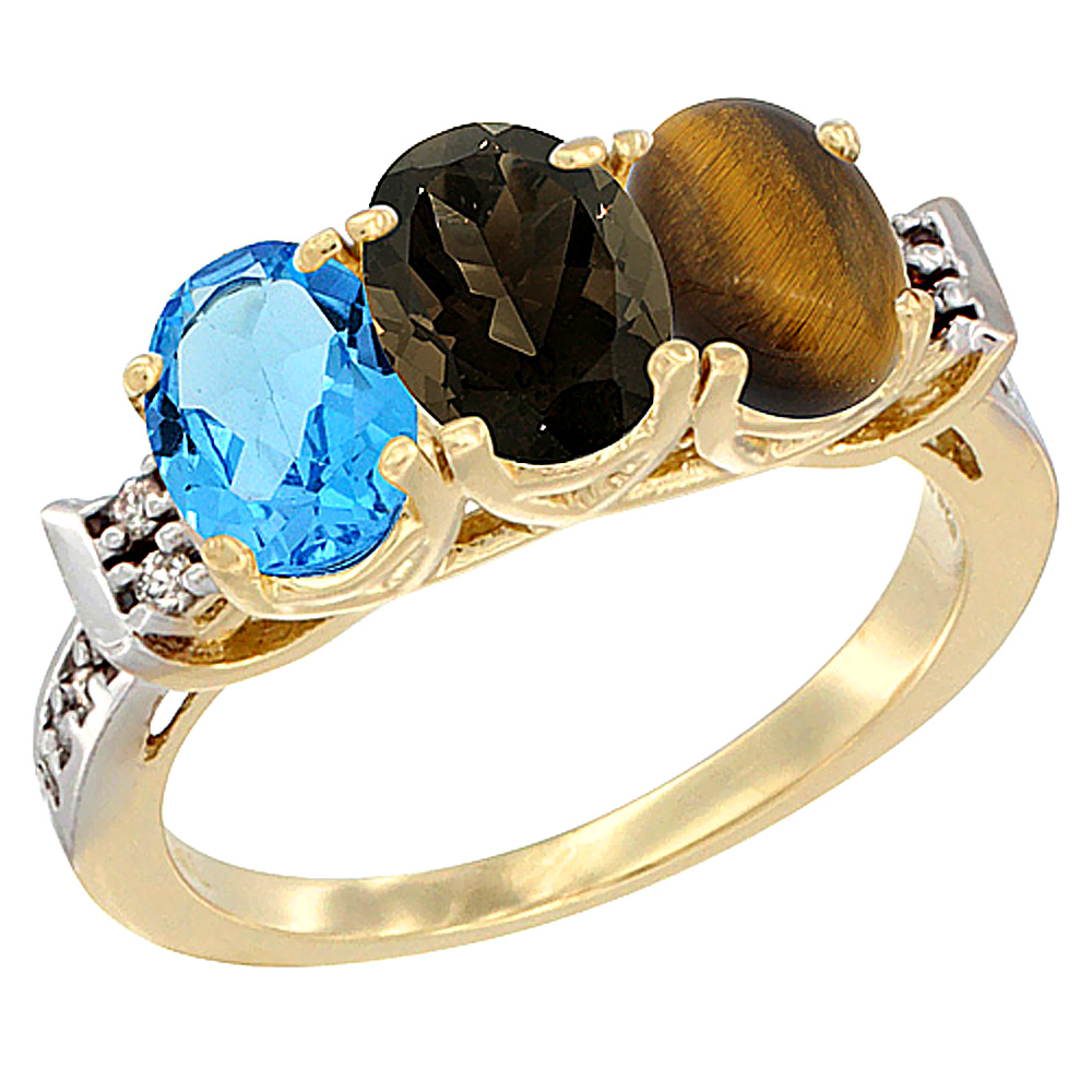 14K Yellow Gold Natural Swiss Blue Topaz, Smoky Topaz & Tiger Eye Ring 3-Stone 7x5 mm Oval Diamond Accent, sizes 5 - 10