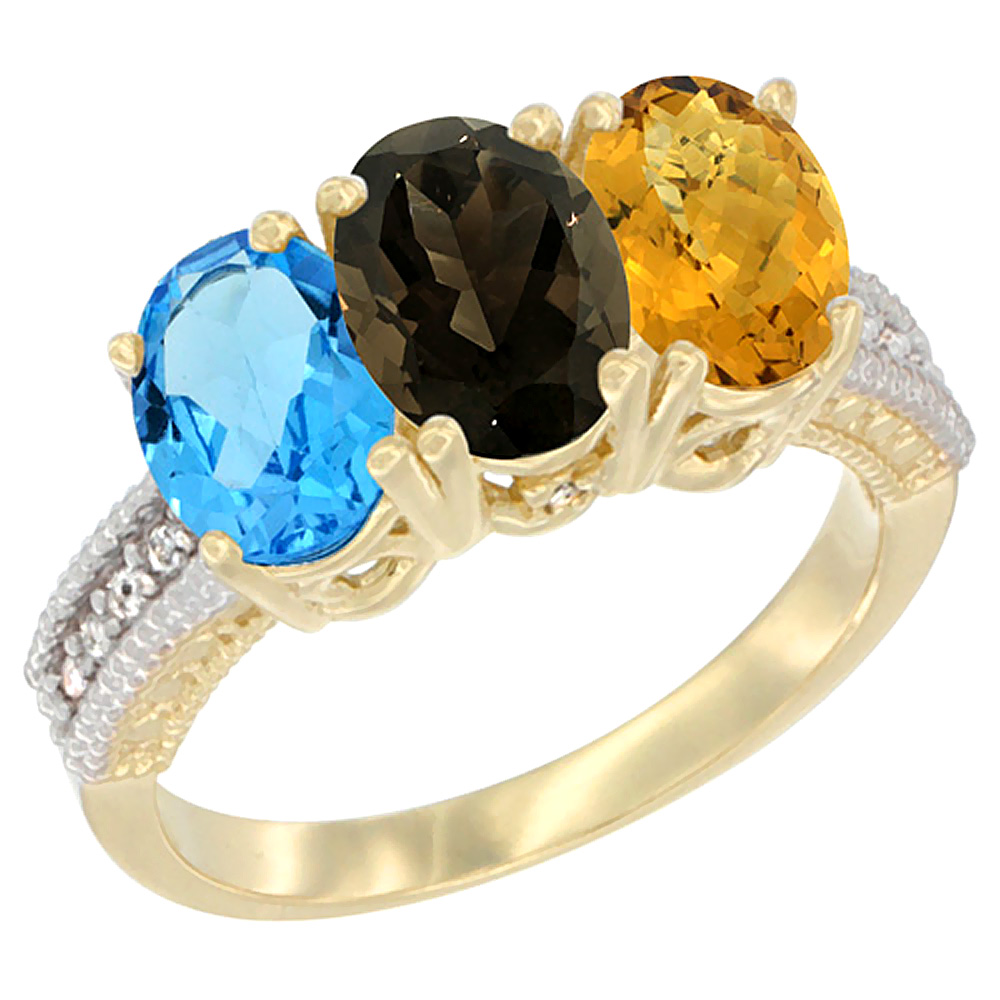 14K Yellow Gold Natural Swiss Blue Topaz, Smoky Topaz & Whisky Quartz Ring 3-Stone 7x5 mm Oval Diamond Accent, sizes 5 - 10