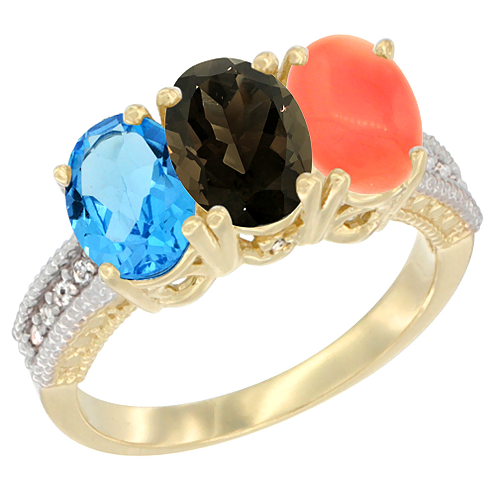 14K Yellow Gold Natural Swiss Blue Topaz, Smoky Topaz &amp; Coral Ring 3-Stone 7x5 mm Oval Diamond Accent, sizes 5 - 10