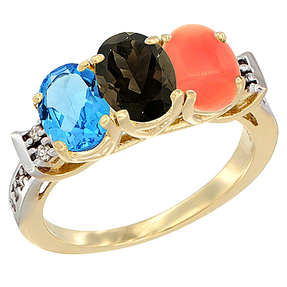 10K Yellow Gold Natural Swiss Blue Topaz, Smoky Topaz &amp; Coral Ring 3-Stone Oval 7x5 mm Diamond Accent, sizes 5 - 10