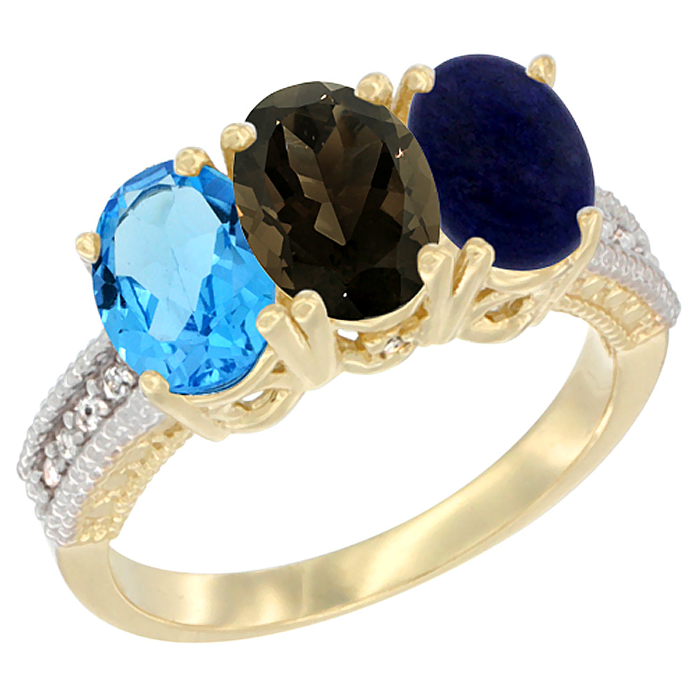 10K Yellow Gold Diamond Natural Swiss Blue Topaz, Smoky Topaz &amp; Lapis Ring 3-Stone Oval 7x5 mm, sizes 5 - 10