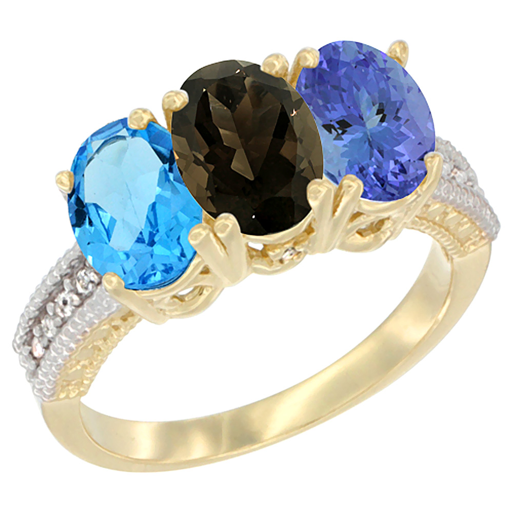 14K Yellow Gold Natural Swiss Blue Topaz, Smoky Topaz &amp; Tanzanite Ring 3-Stone 7x5 mm Oval Diamond Accent, sizes 5 - 10