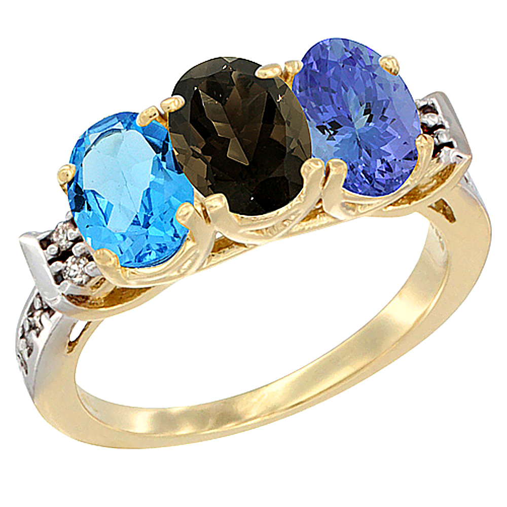 14K Yellow Gold Natural Swiss Blue Topaz, Smoky Topaz & Tanzanite Ring 3-Stone 7x5 mm Oval Diamond Accent, sizes 5 - 10