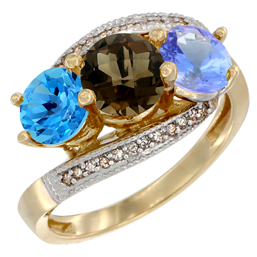 10K Yellow Gold Natural Swiss Blue Topaz, Smoky Topaz &amp; Tanzanite 3 stone Ring Round 6mm Diamond Accent, sizes 5 - 10