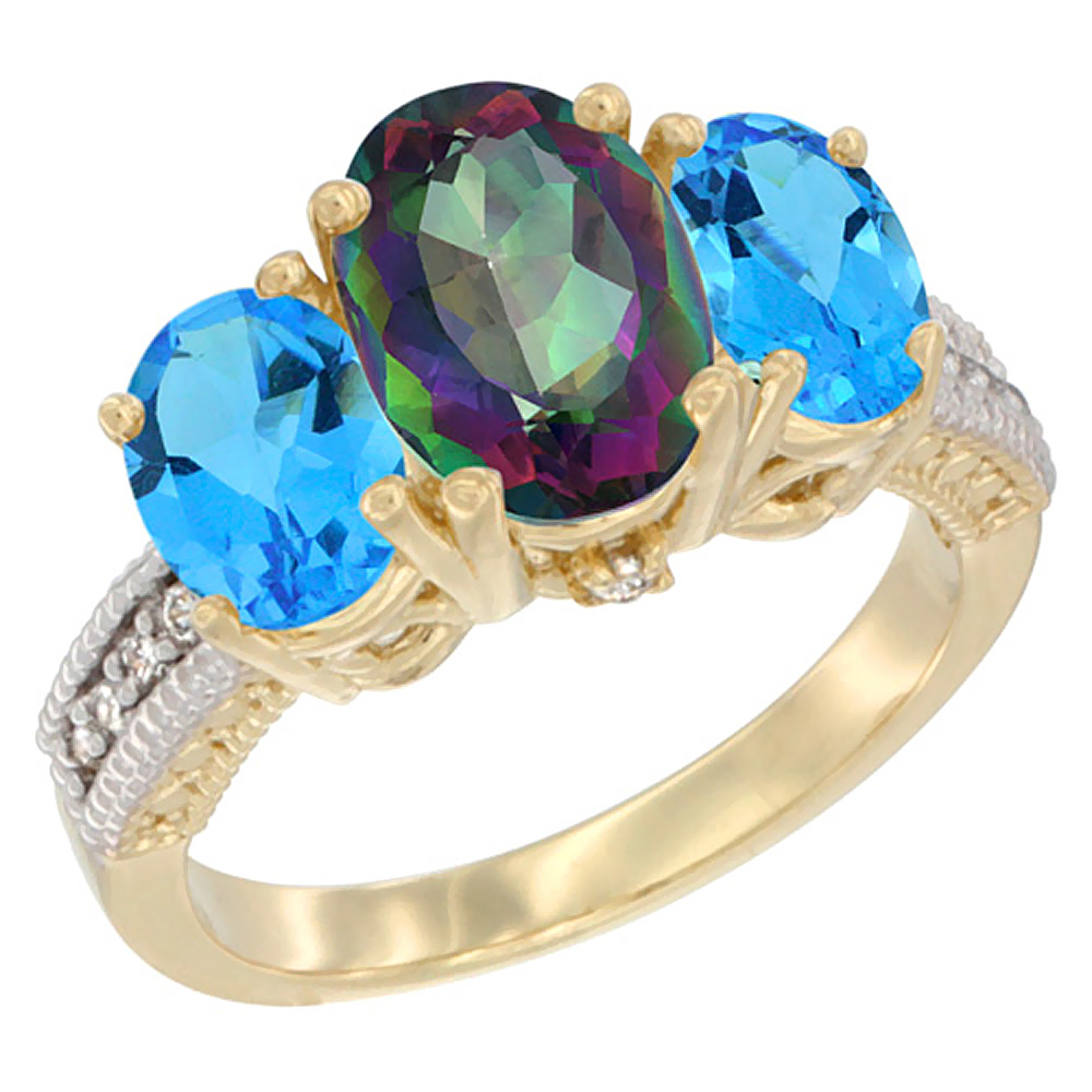 14K Yellow Gold Diamond Natural Mystic Topaz Ring 3-Stone Oval 8x6mm with Swiss Blue Topaz, sizes5-10