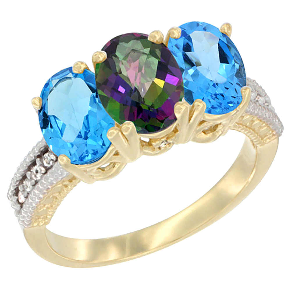 14K Yellow Gold Natural Mystic Topaz & Swiss Blue Topaz Sides Ring 3-Stone 7x5 mm Oval Diamond Accent, sizes 5 - 10