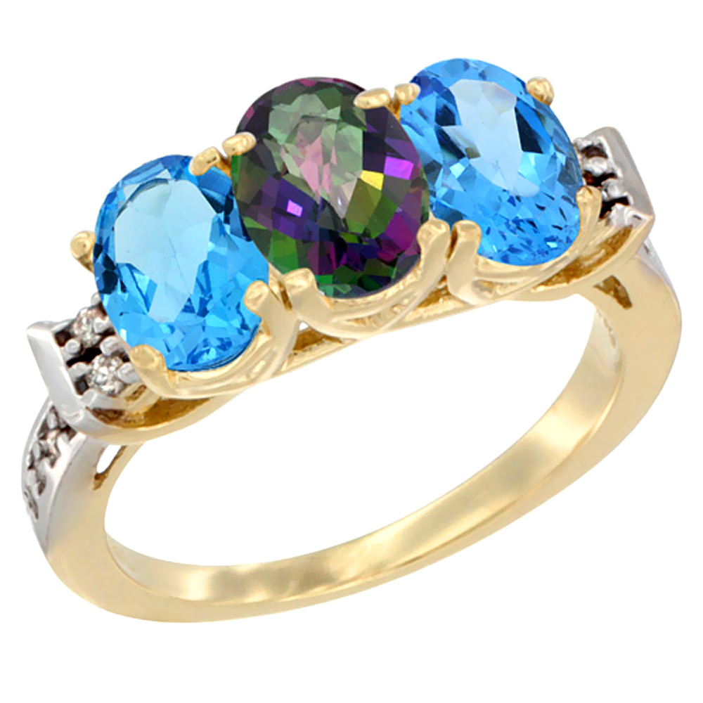 10K Yellow Gold Natural Mystic Topaz & Swiss Blue Topaz Sides Ring 3-Stone Oval 7x5 mm Diamond Accent, sizes 5 - 10