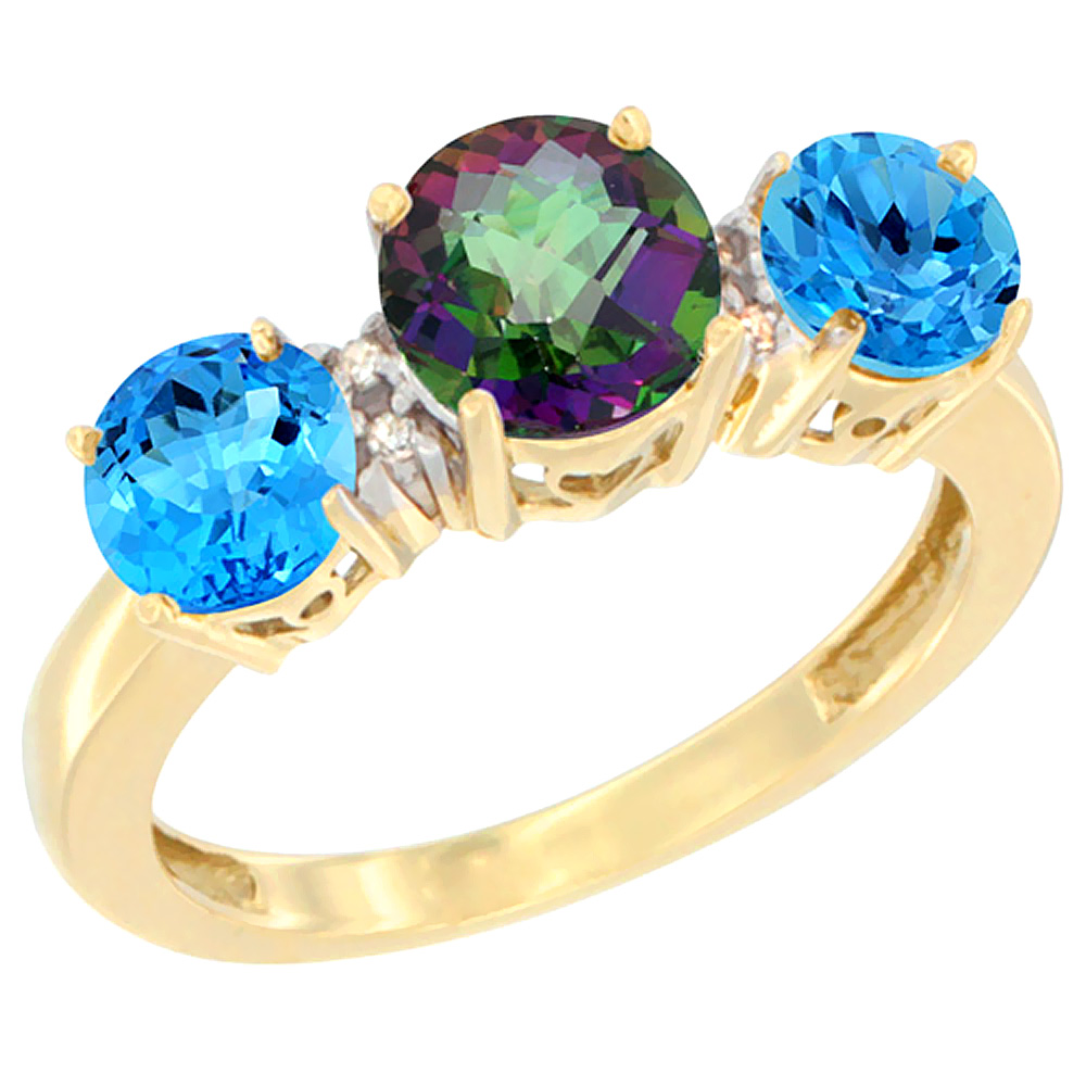 10K Yellow Gold Round 3-Stone Natural Mystic Topaz Ring & Swiss Blue Topaz Sides Diamond Accent, sizes 5 - 10