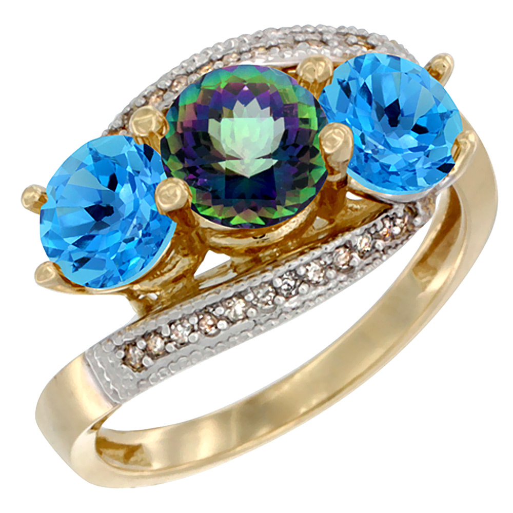 10K Yellow Gold Natural Mystic Topaz &amp; Swiss Blue Topaz Sides 3 stone Ring Round 6mm Diamond Accent, sizes 5 - 10