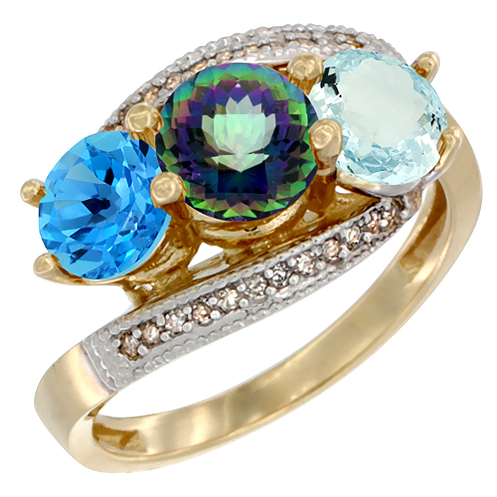 10K Yellow Gold Natural Swiss Blue Topaz, Mystic Topaz &amp; Aquamarine 3 stone Ring Round 6mm Diamond Accent, sizes 5 - 10