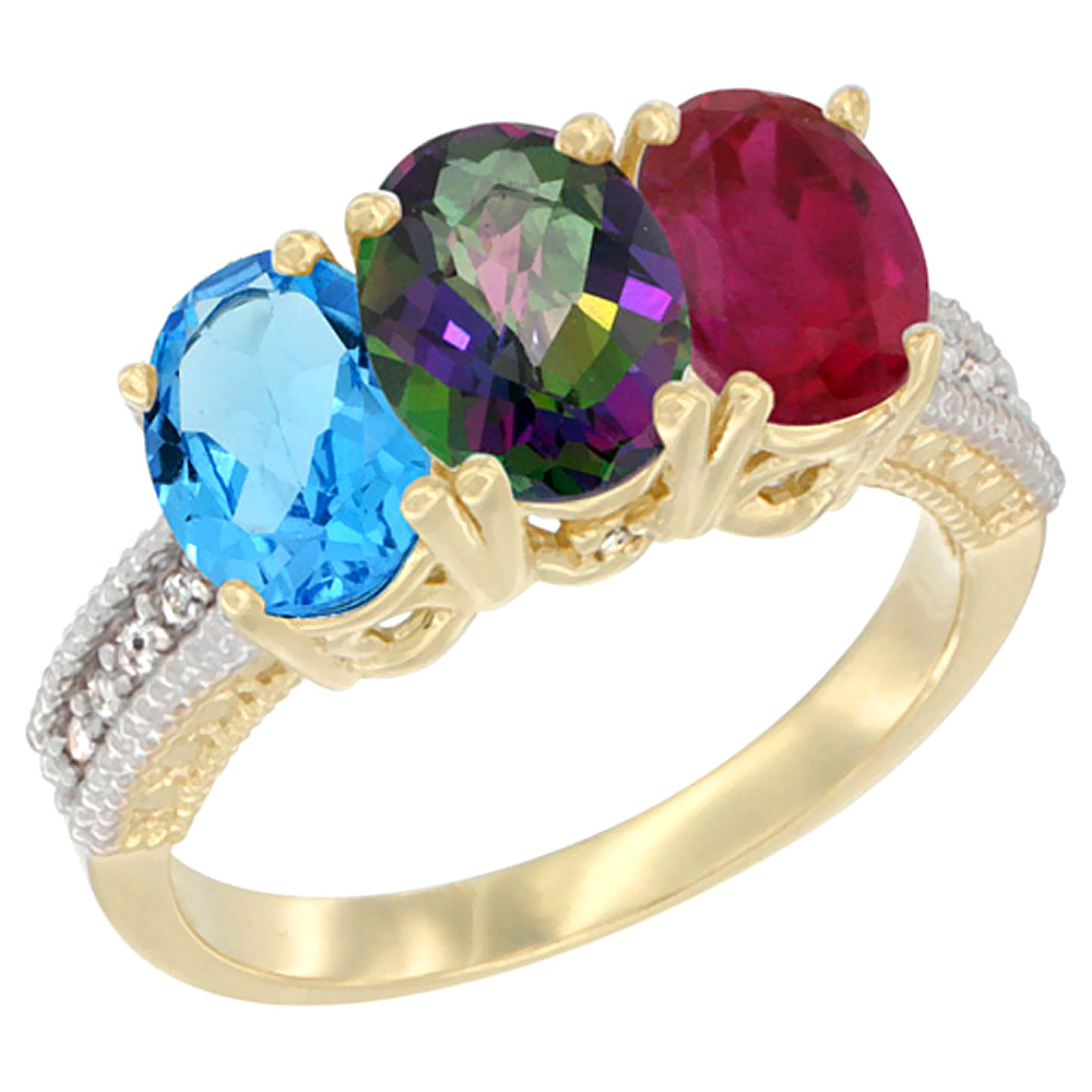 14K Yellow Gold Natural Swiss Blue Topaz, Mystic Topaz &amp; Enhanced Ruby Ring 3-Stone 7x5 mm Oval Diamond Accent, sizes 5 - 10
