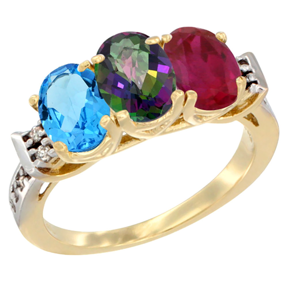 10K Yellow Gold Natural Swiss Blue Topaz, Mystic Topaz &amp; Enhanced Ruby Ring 3-Stone Oval 7x5 mm Diamond Accent, sizes 5 - 10