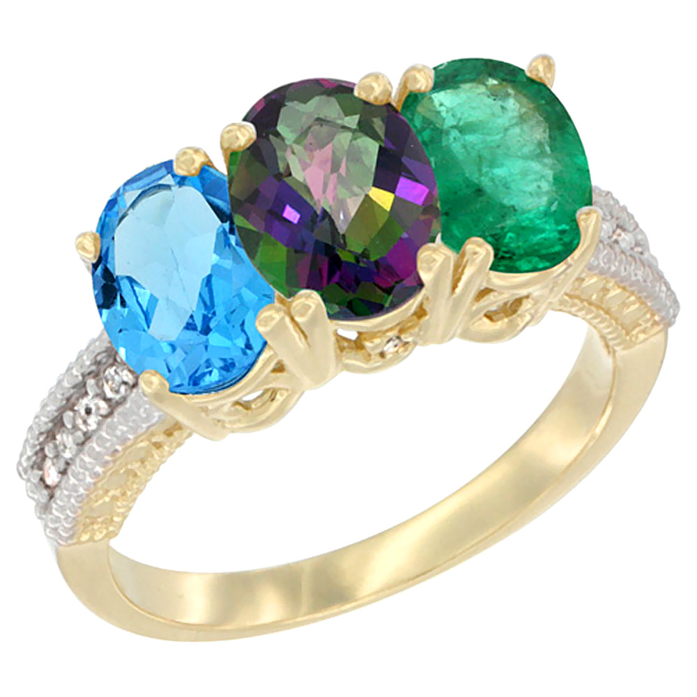 10K Yellow Gold Diamond Natural Swiss Blue Topaz, Mystic Topaz & Emerald Ring 3-Stone Oval 7x5 mm, sizes 5 - 10