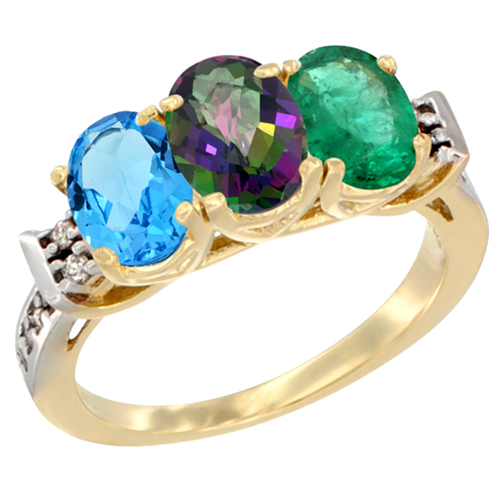 10K Yellow Gold Natural Swiss Blue Topaz, Mystic Topaz & Emerald Ring 3-Stone Oval 7x5 mm Diamond Accent, sizes 5 - 10